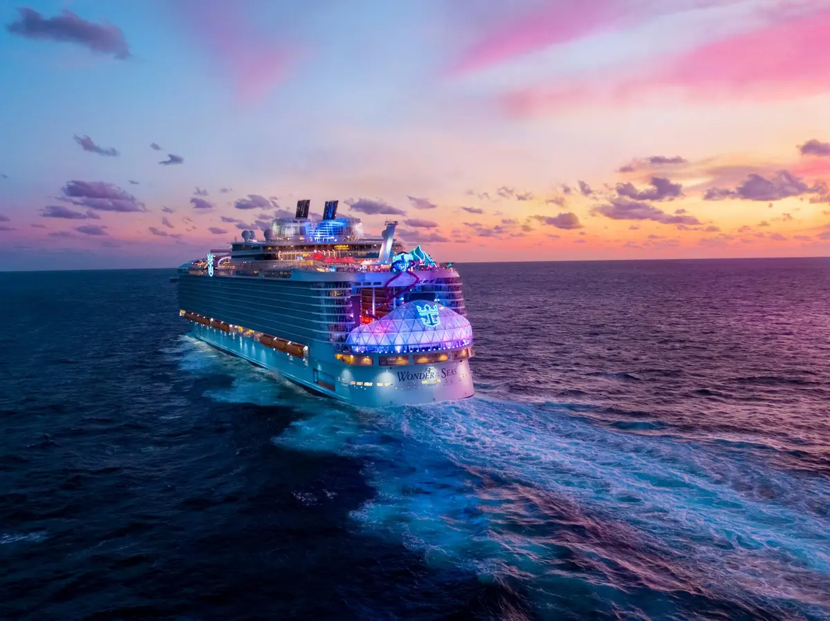 Wonder of the Seas at night aerial