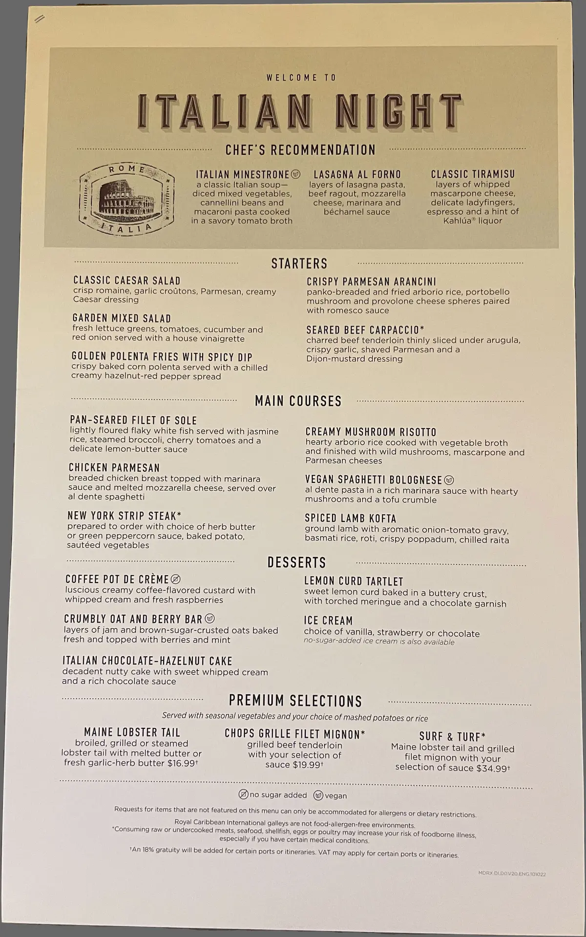 Italian night menu