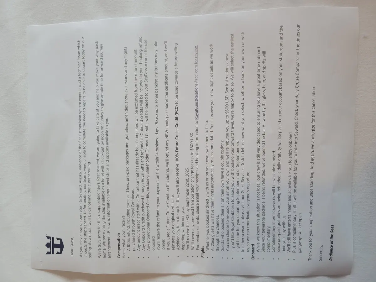 Letter sent to passengers on Radiance of the Seas