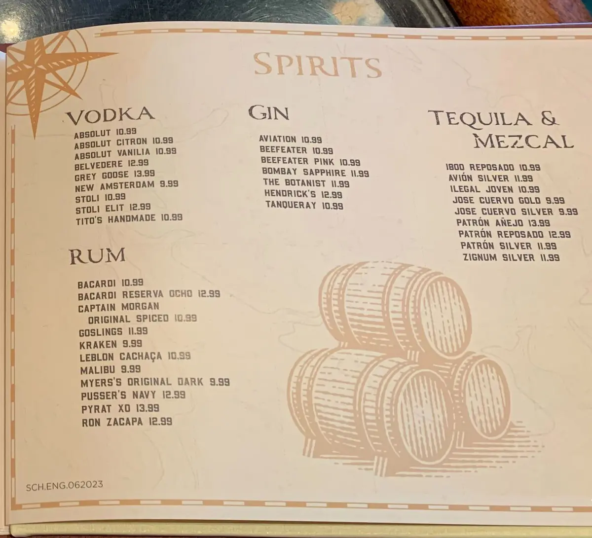 Schooner Bar drink menu