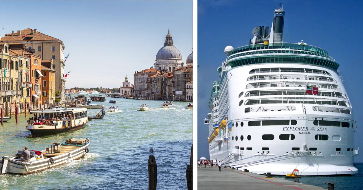 Venice Italy and cruise ship side by side image