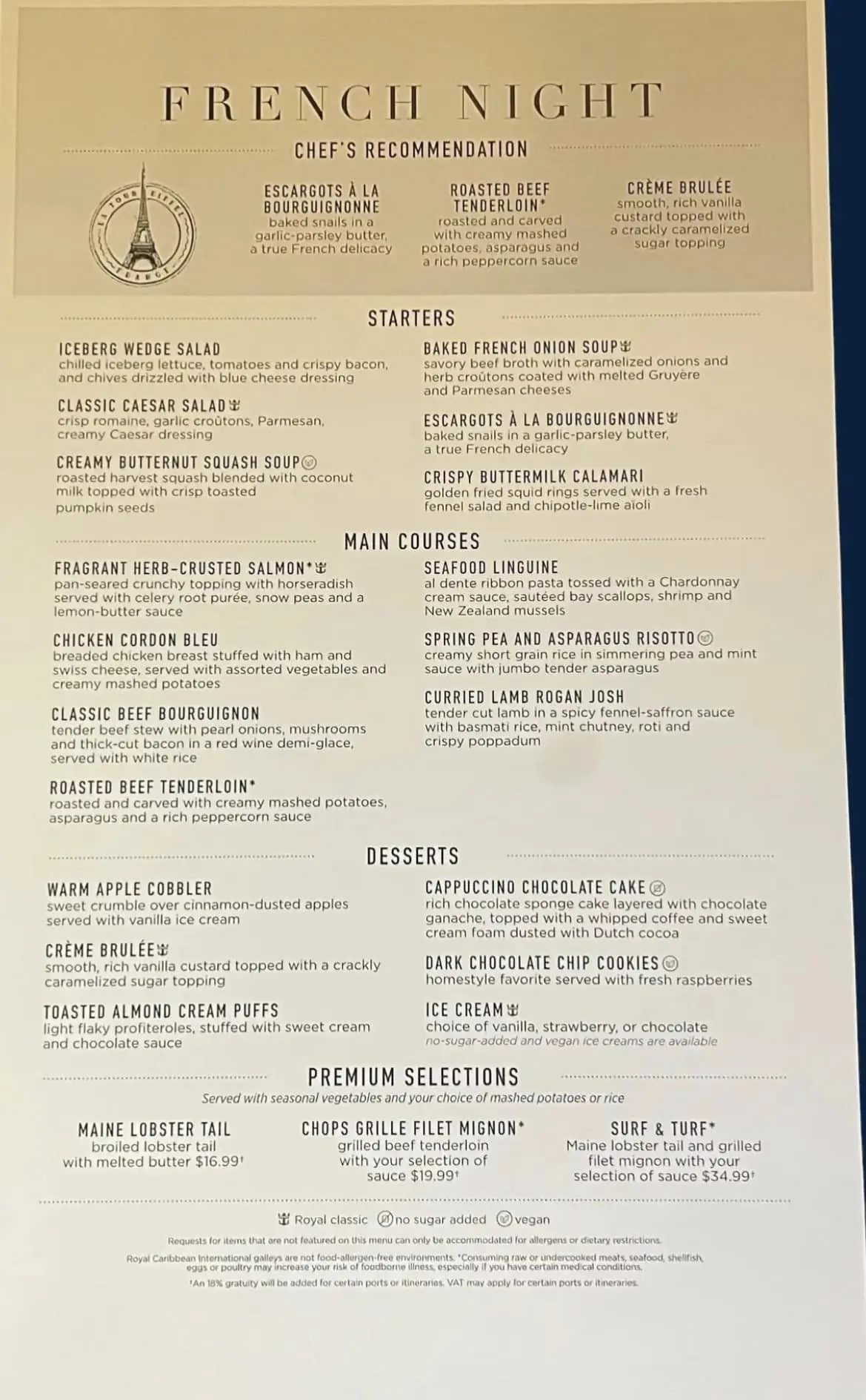 MDR French night dinner menu