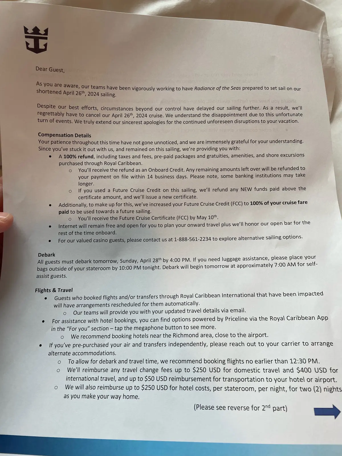 Radiance of the Seas letter