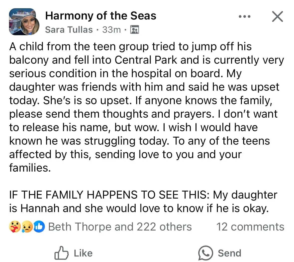 FB-Response-Harmony-Passing Facebook post about the 12-year-old boy who fell to his death on Harmony of the Seas
