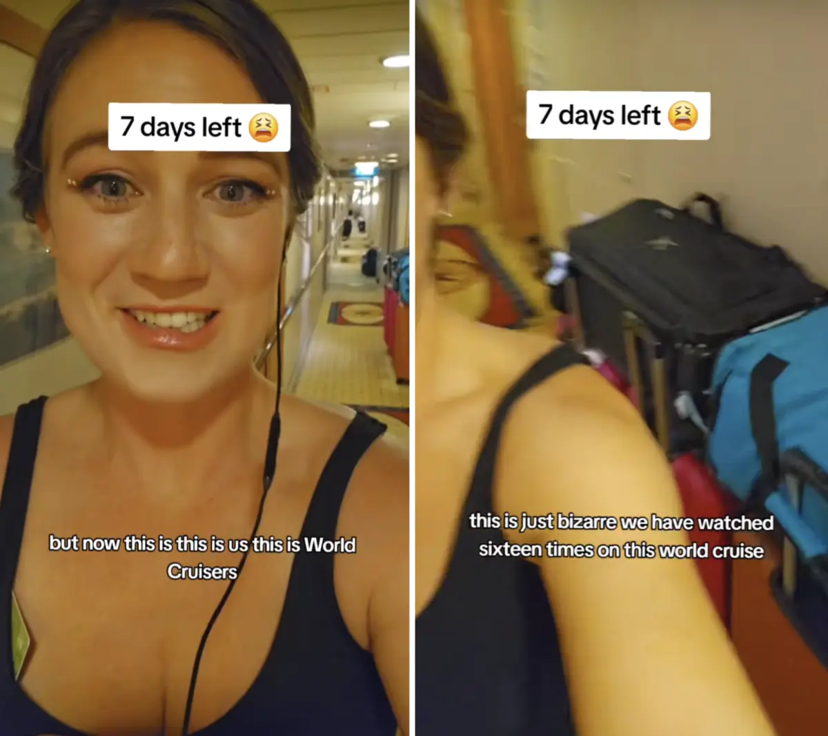 World-Cruise-Ending-TikTok-2 Screenshots taken from Dr. Jenny's TikTok showing luggage in the hallways