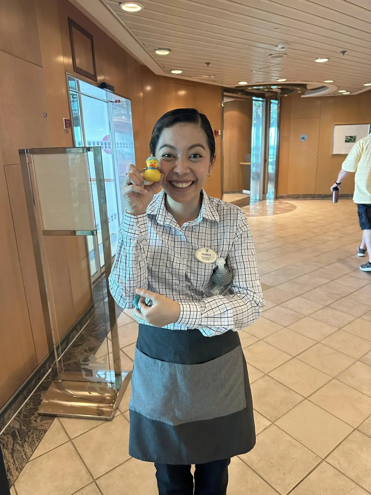 Crew member with a duck