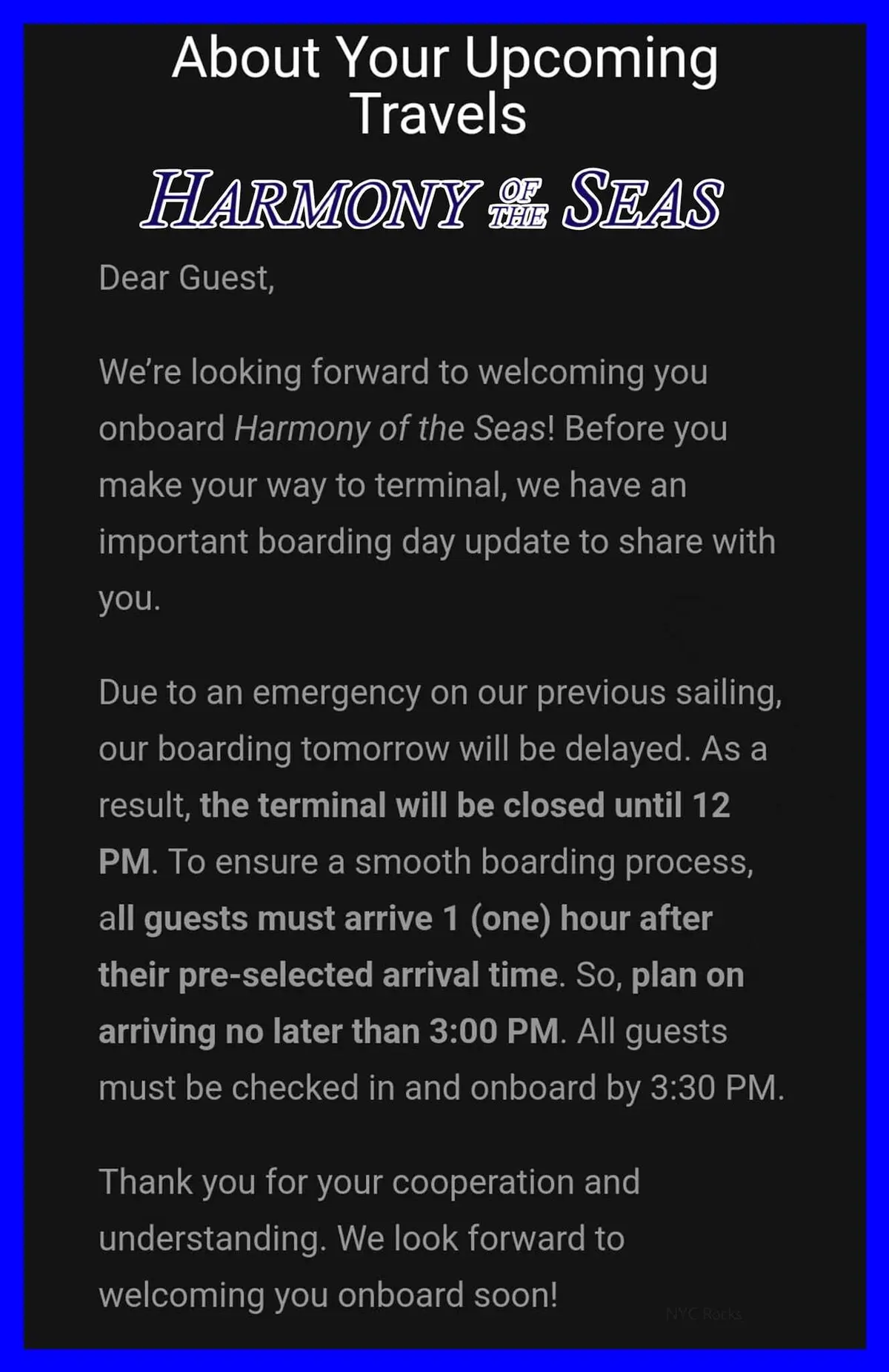 Letter sent to guests onboard Harmony of the Seas' Sept. 8 cruise