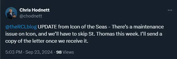 Tweet about cancelled Icon of the Seas cruise