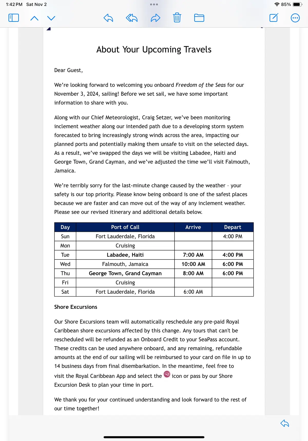 Letter sent to passengers on Freedom of the Seas Nov 3 sailing