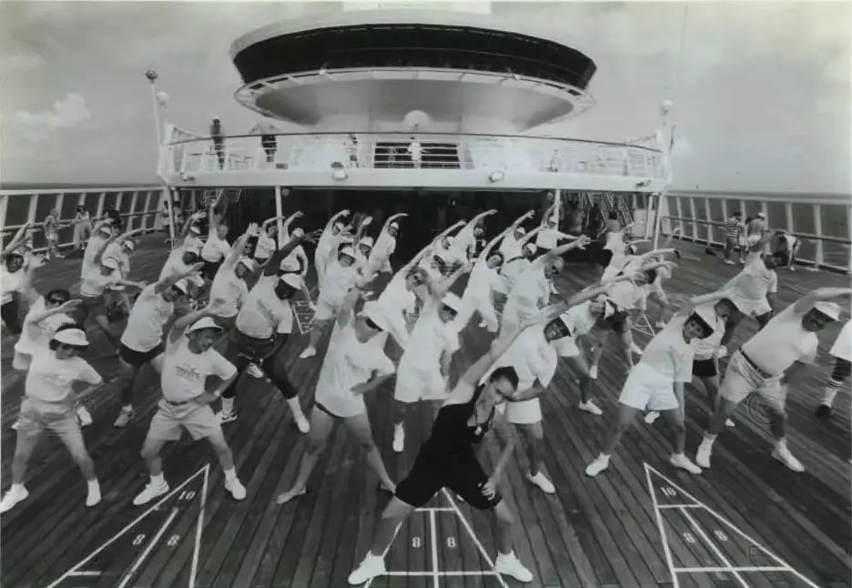 Vintage photo of stretching class