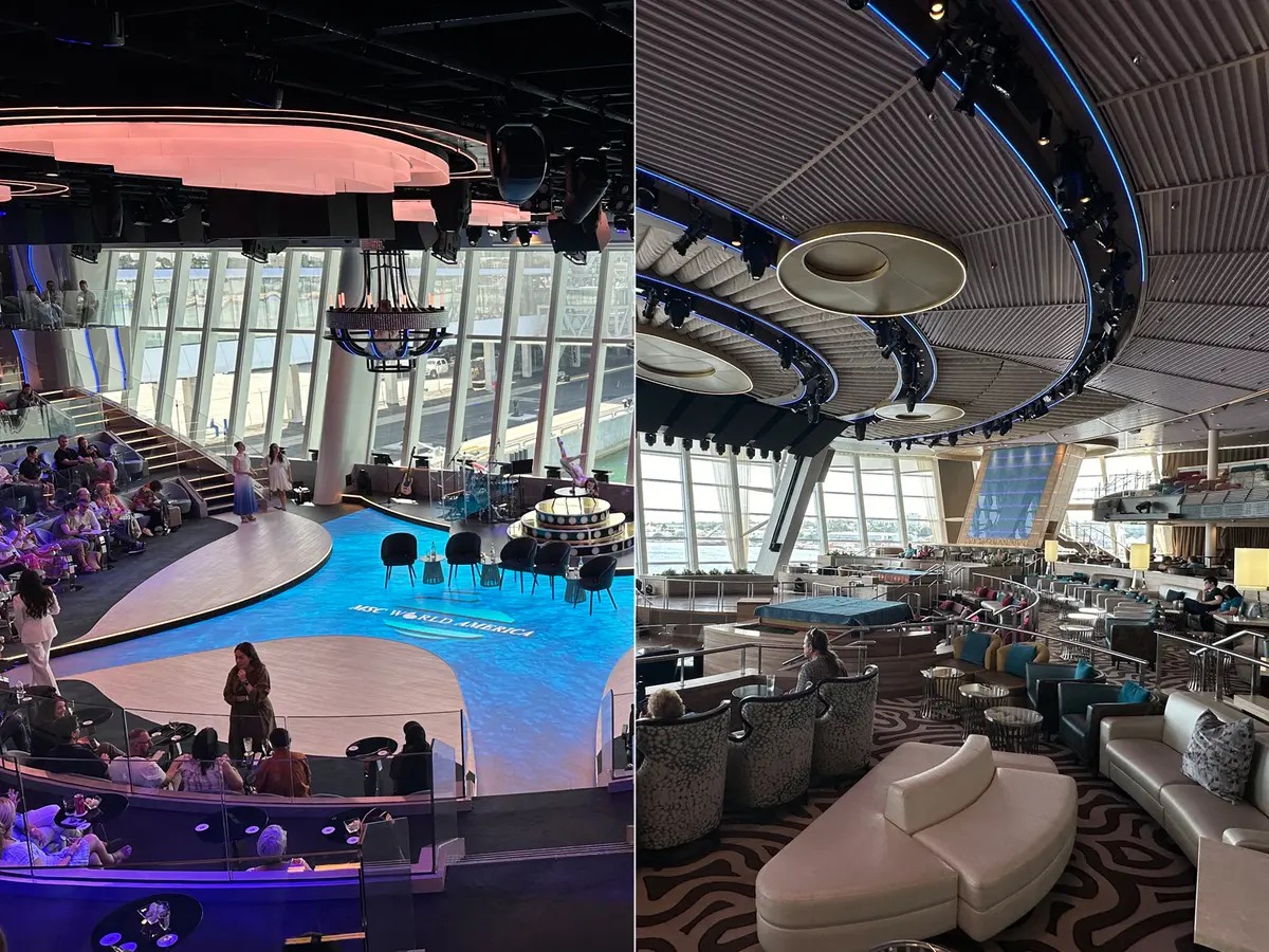MSC World America's Panorama Lounge compared to Royal Caribbean's Two70 lounge