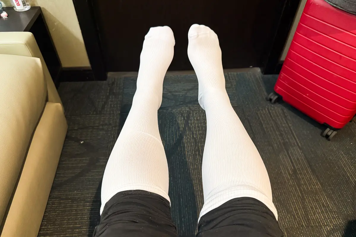 wearing white compression socks