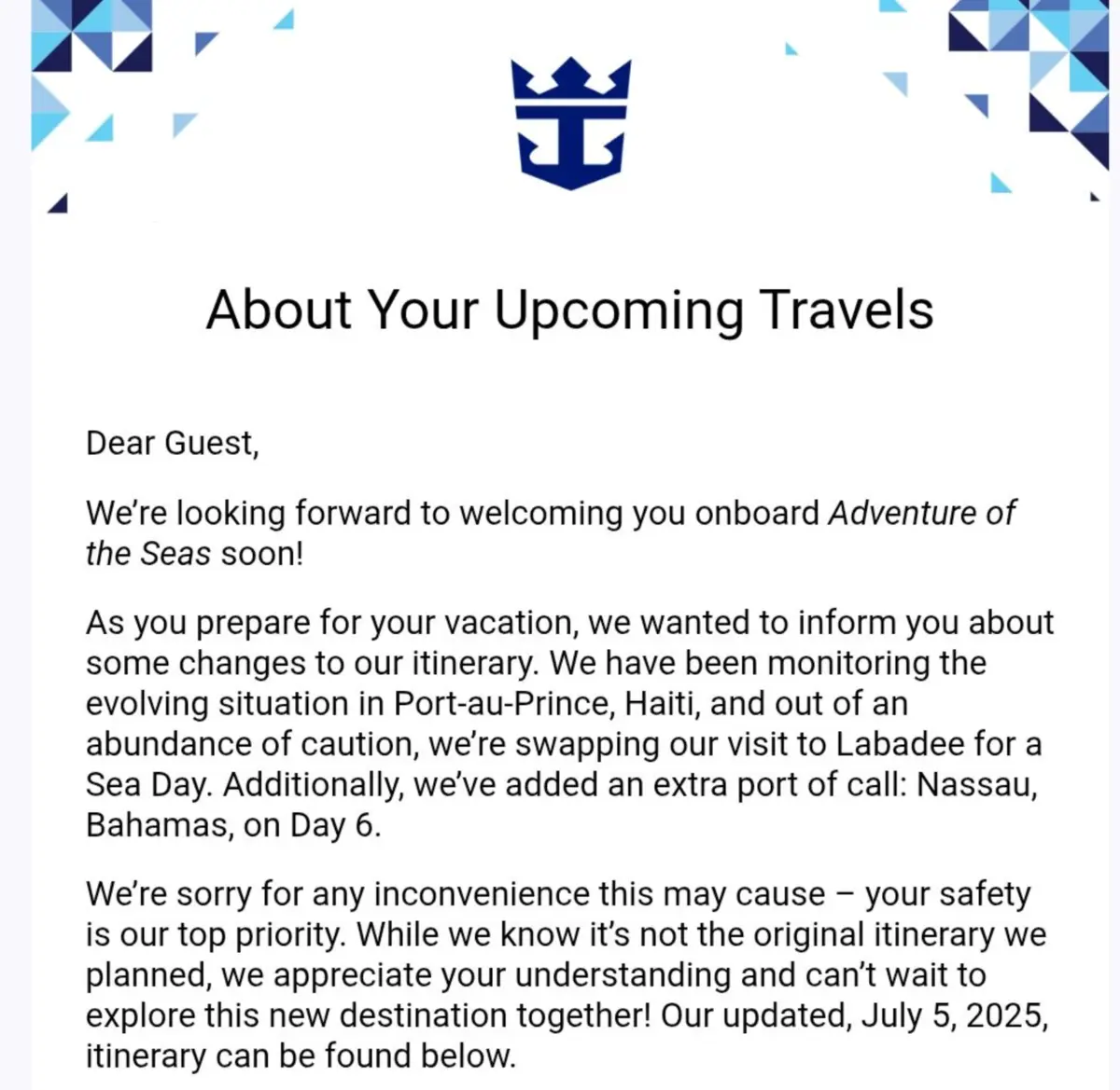 Email sent to passengers