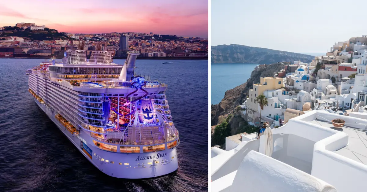 side by side image of Allure of the Seas in Barcelona and Santorini Greece