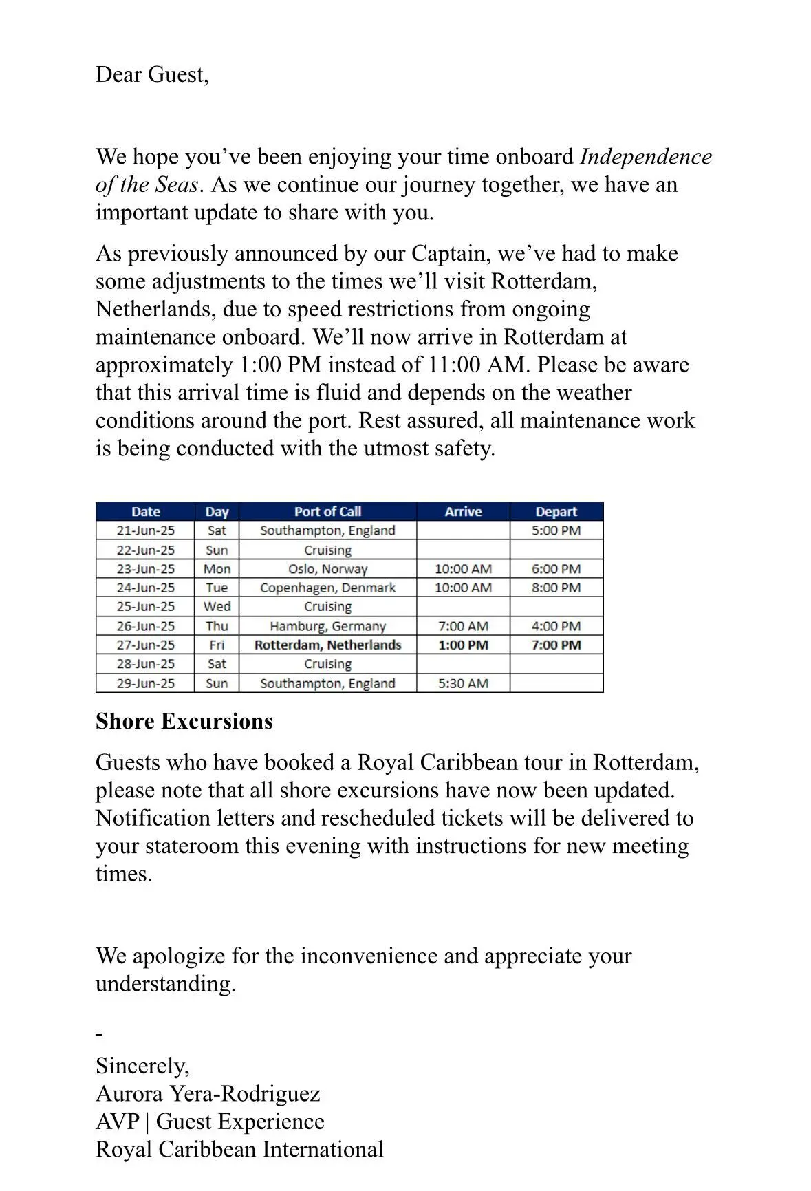 Letter to passengers