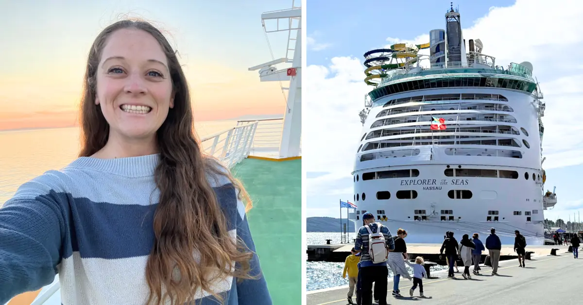 side by side image Jenna on the left Explorer of the Seas cruise ship on the right