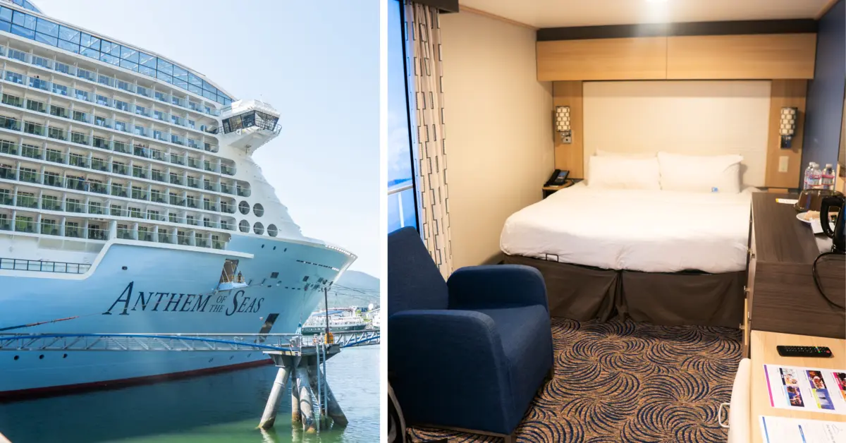 side by side image of Anthem of the Seas cruise ship and interior cabin