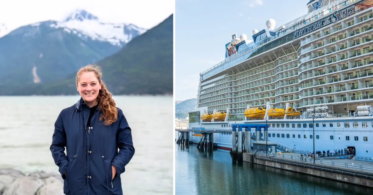 side by side image of Jenna in Alaska and Anthem of the Seas cruise ship