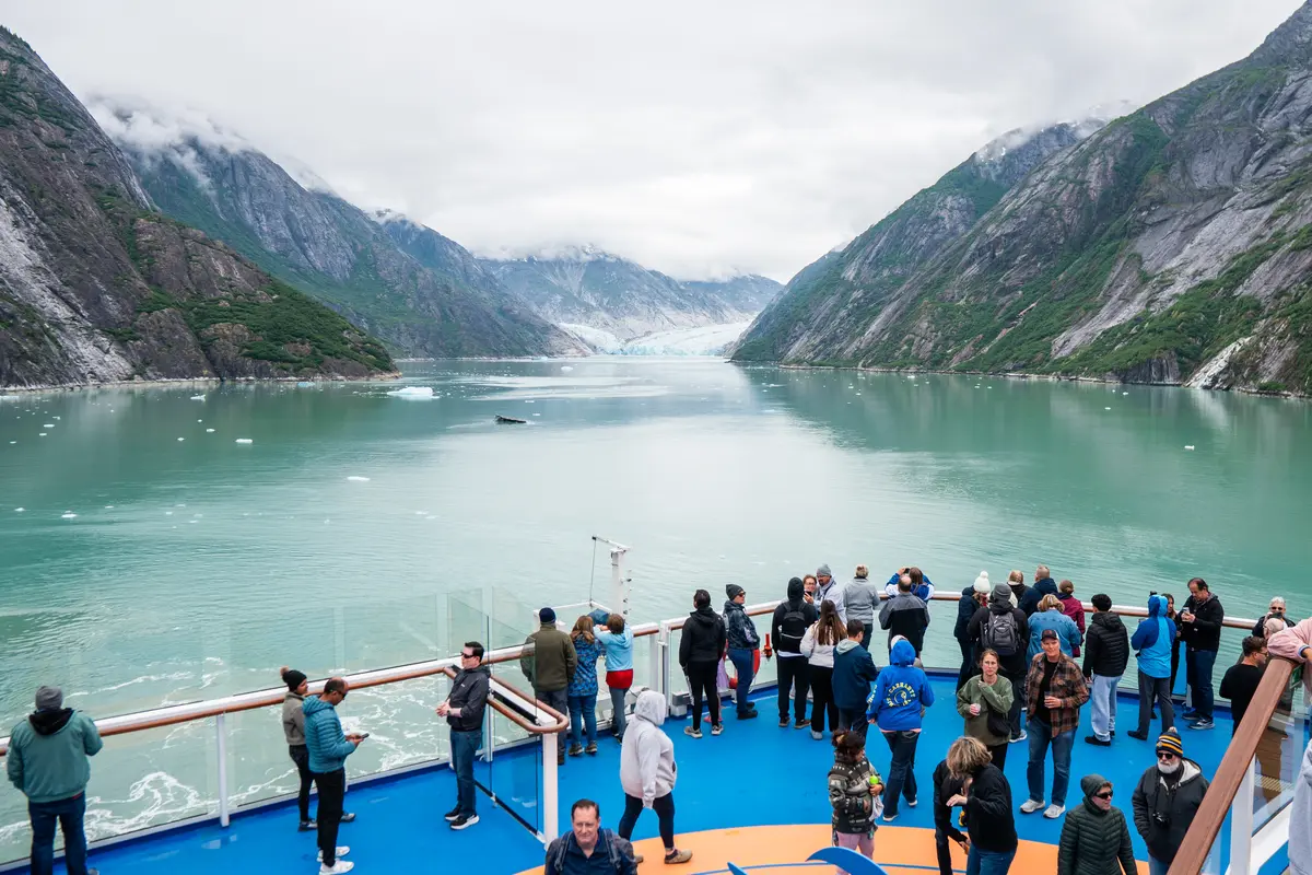 cruise ship approaching Dawes Glacier in Alaska