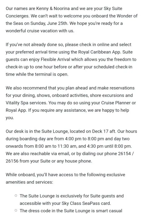 Email from suite concierge
