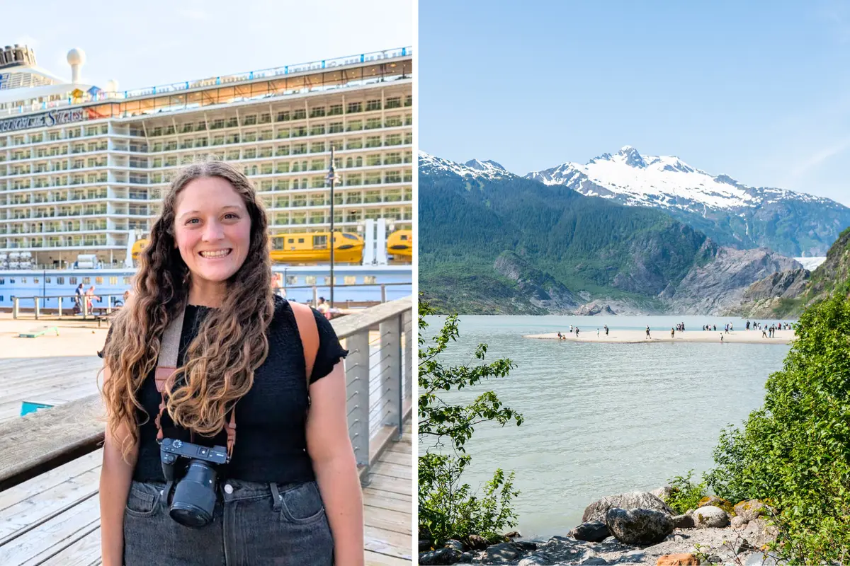 side by side image of Jenna in Alaska and Mendenhall Glacier