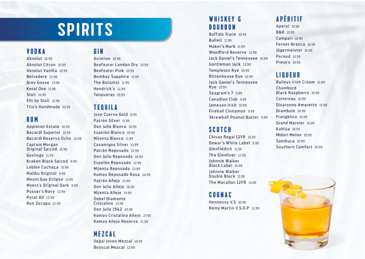 Spirits drink menu