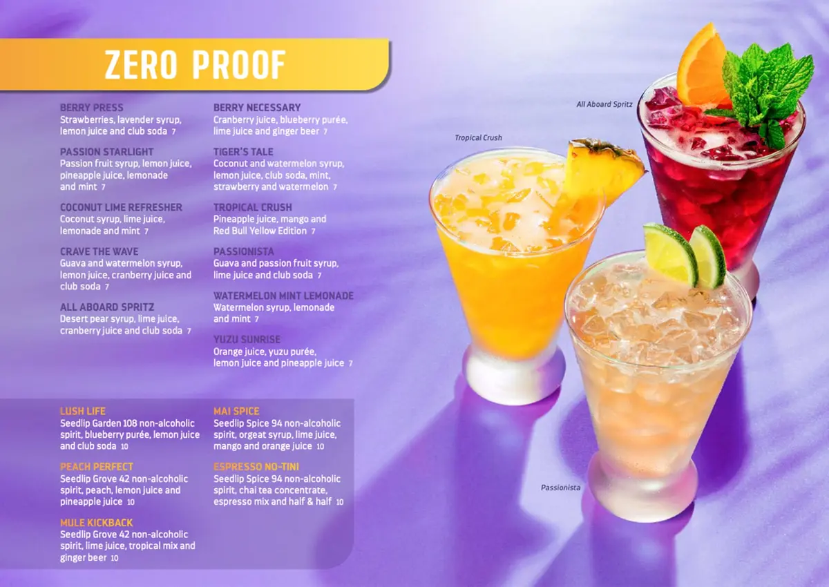 Zero Proof mocktails menu