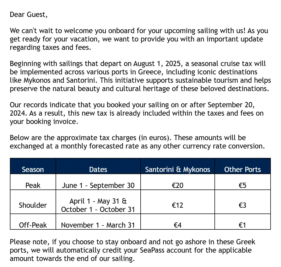 Email from Royal Caribbean
