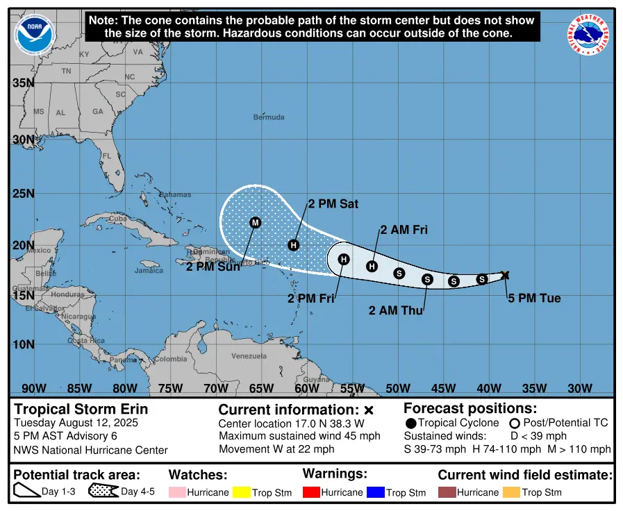 Tropical Storm Erin path