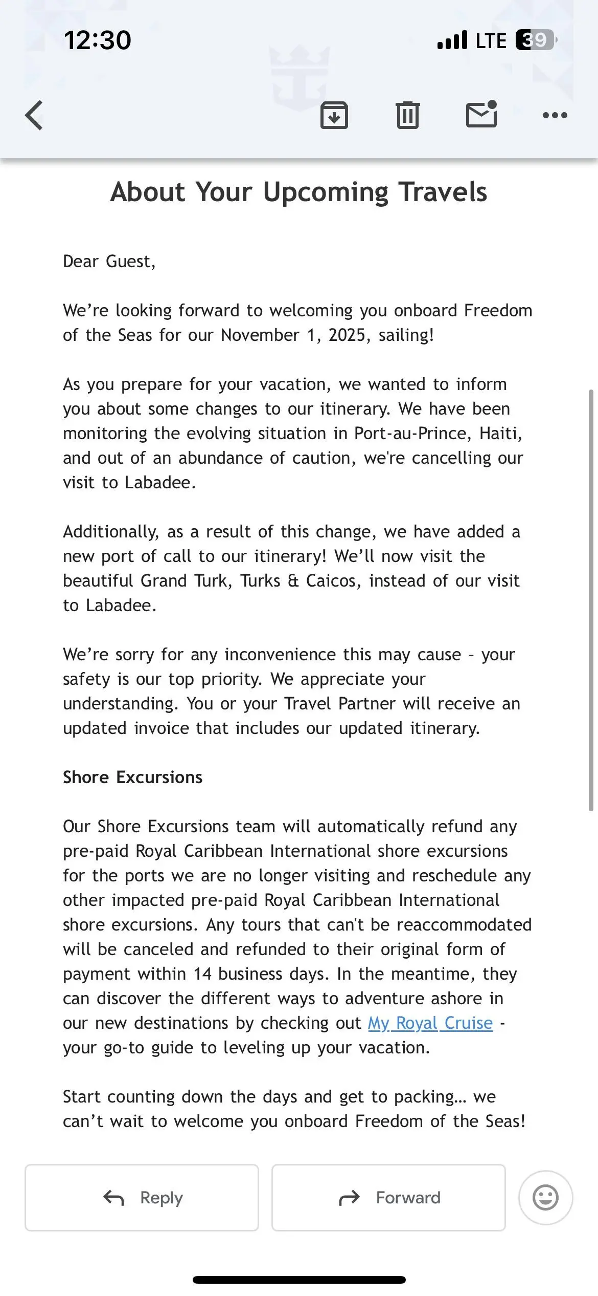 Cancel visits to Labadee email