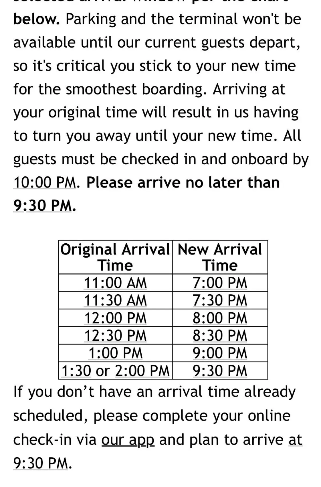 Delayed boarding email