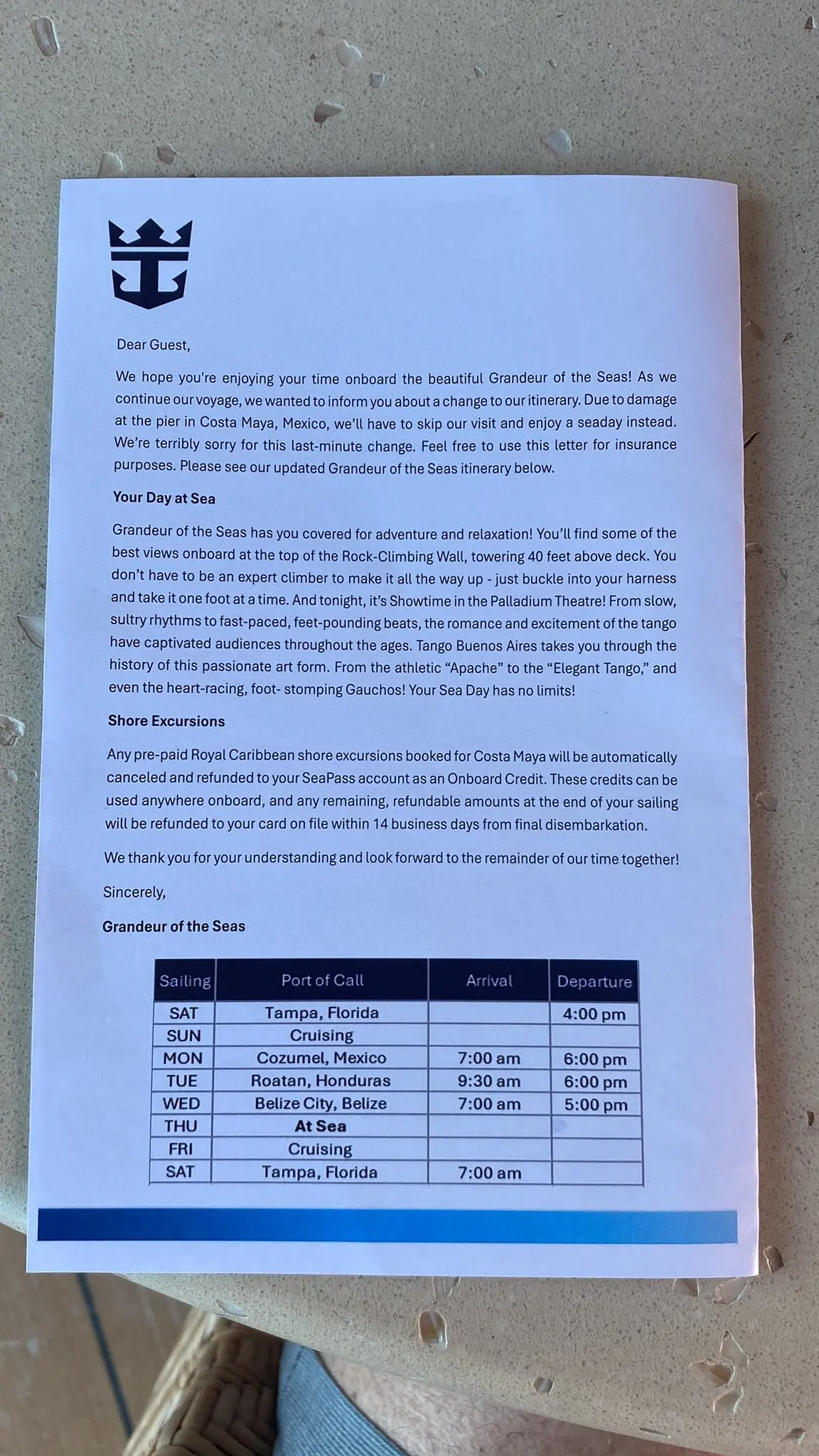 Costa Maya Pier Itinerary Change