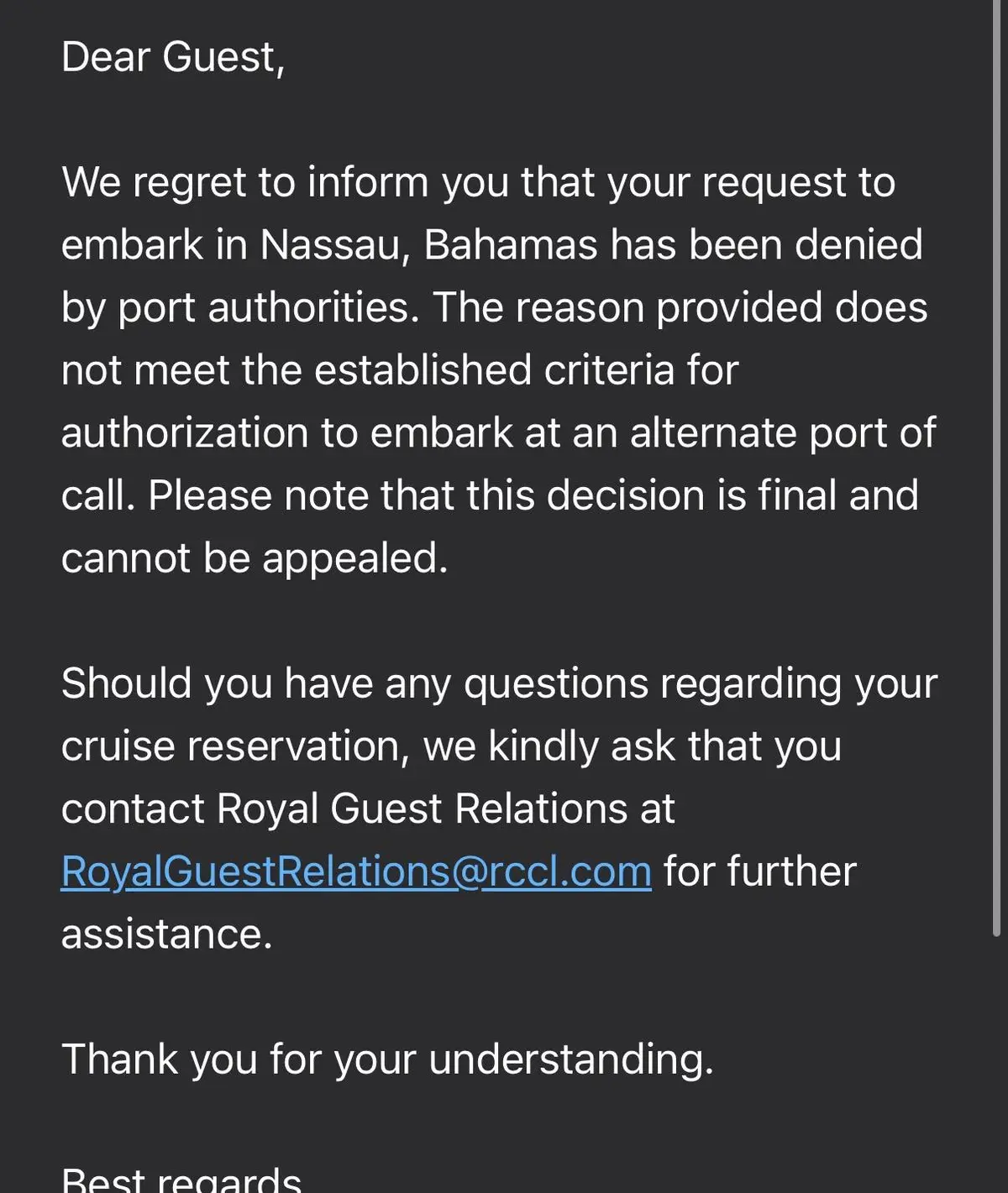 Screenshot of an email denying one cruiser their request to embark Utopia of the Seas in Nassau