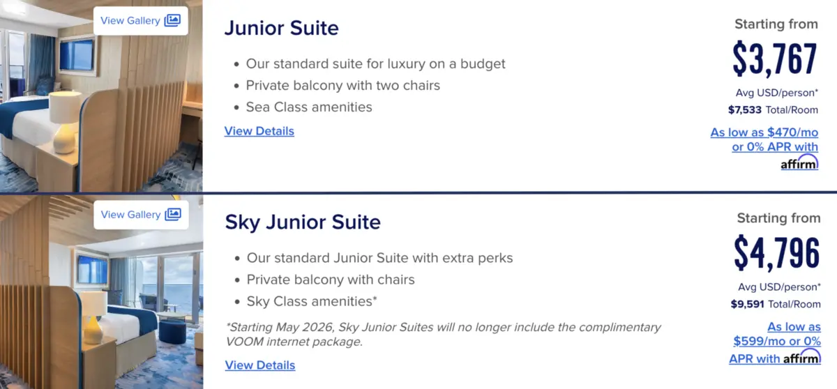 Junior Suite vs. Sky Junior Suite Price on Star of the Seas