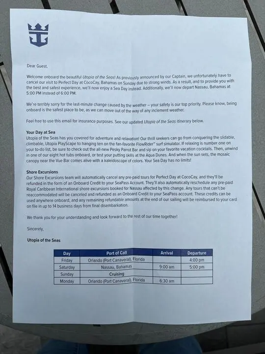 Utopia CocoCay Cancelation Letter Utopia CocoCay Cancelation Letter
