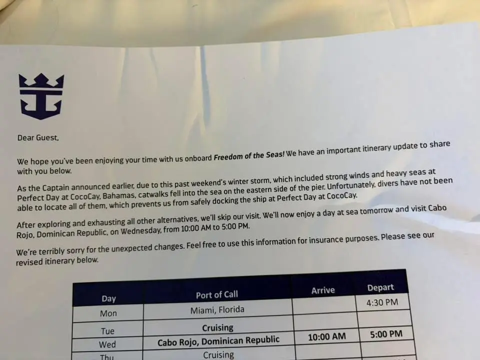 CocoCay Pier Damage Letter