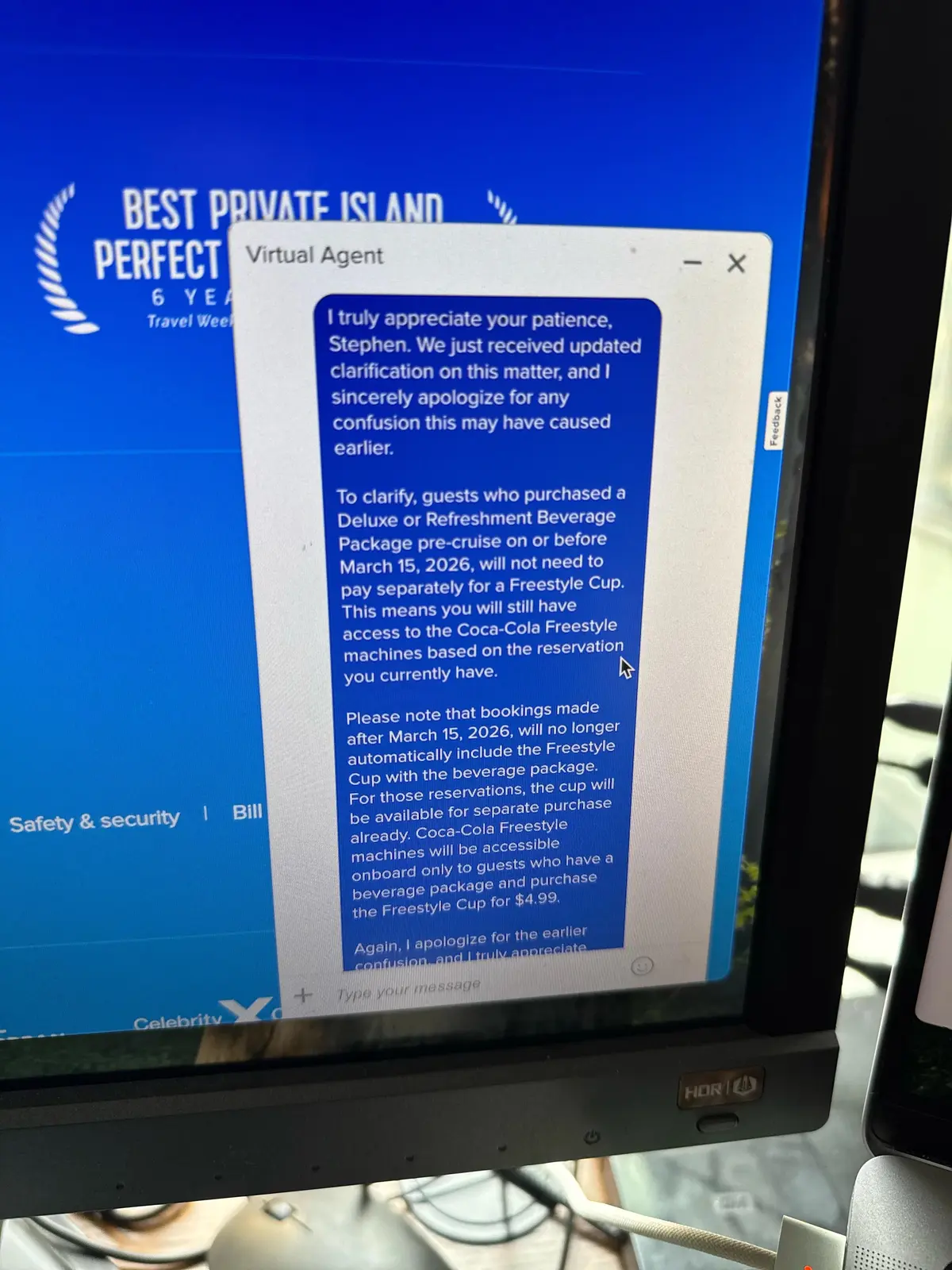 Screenshot of Royal Caribbean's soda cup terms