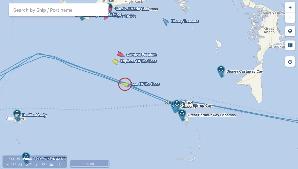 Cruise Mapper location of Icon and Explorer of the Seas