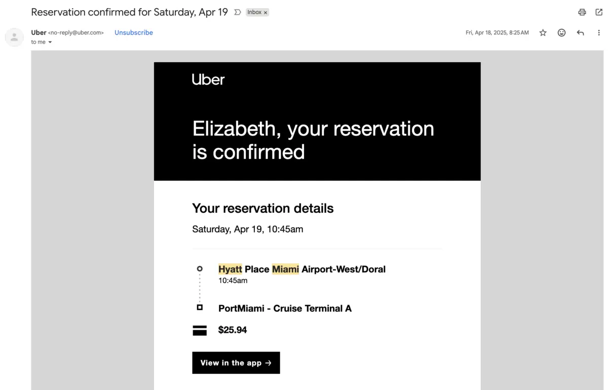 Pre Arranged Uber Confirmation Email