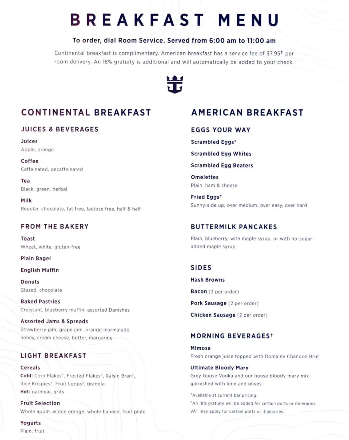 Room service breakfast menu