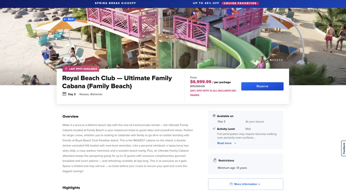 Ultimate Family Cabana Pricing Cruise Planner