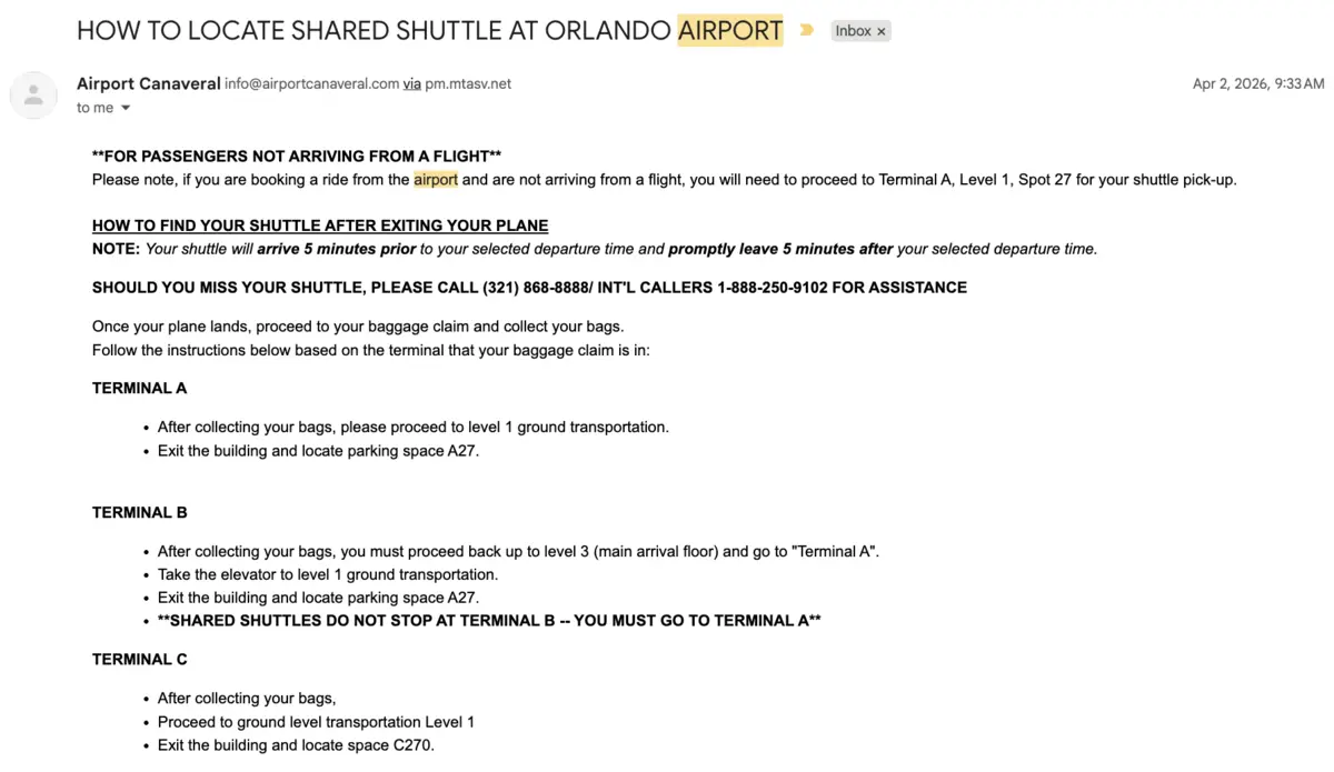 Airport Canaveral Shuttle Instructions