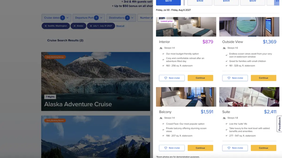 Alaska cruise cabin cost comparison