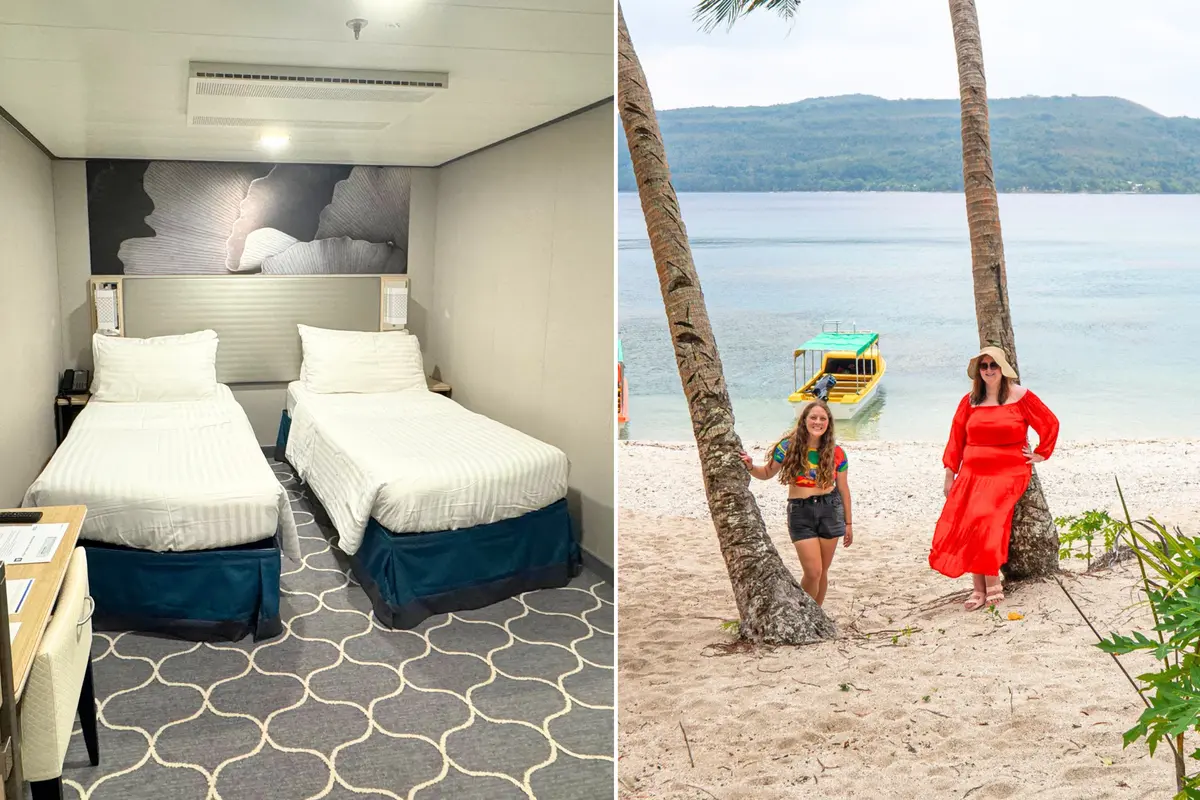 Side by side image of interior cabin and two friends standing on a beach