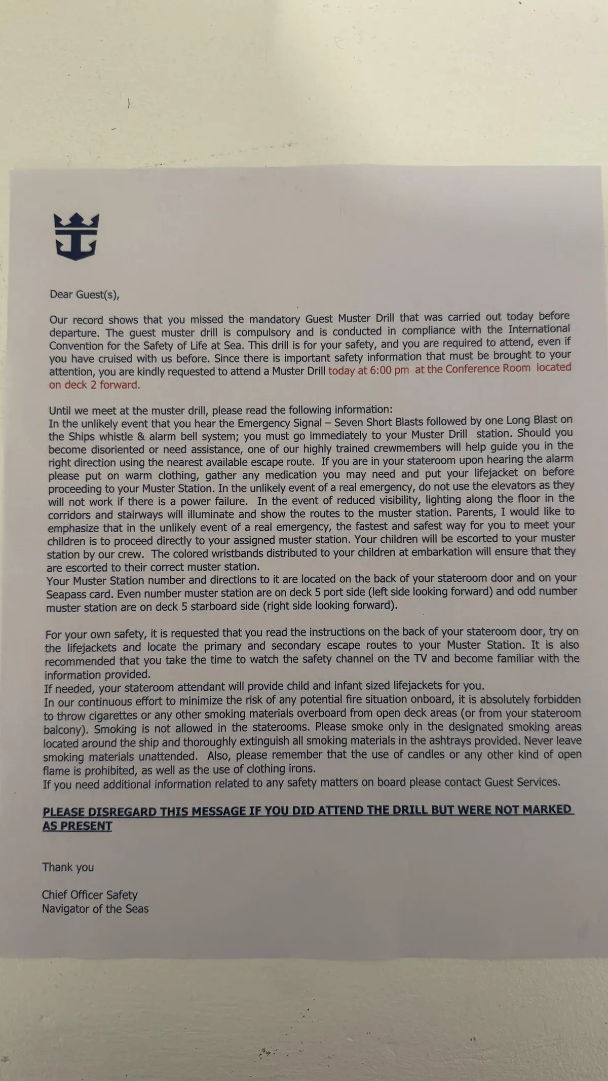 Incomplete muster drill letter