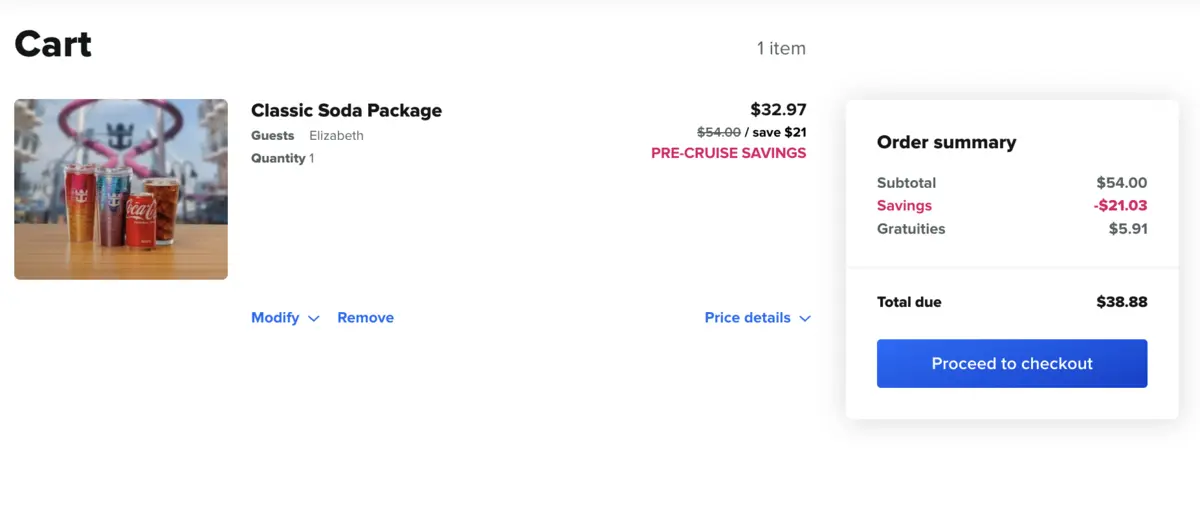 Soda package price, cruise planner