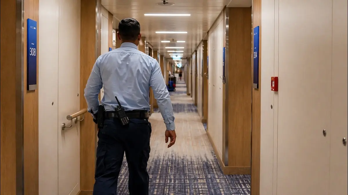Security officer walking down hall