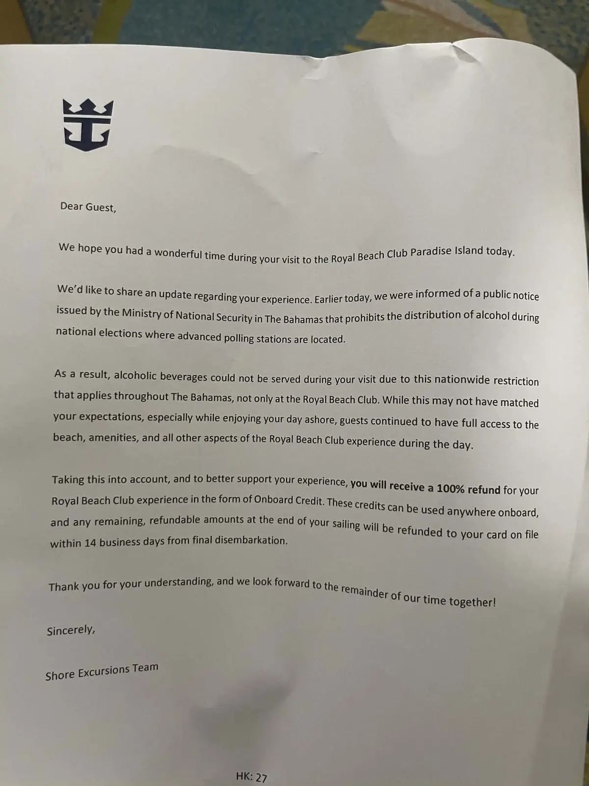 Beach Club Refund Letter