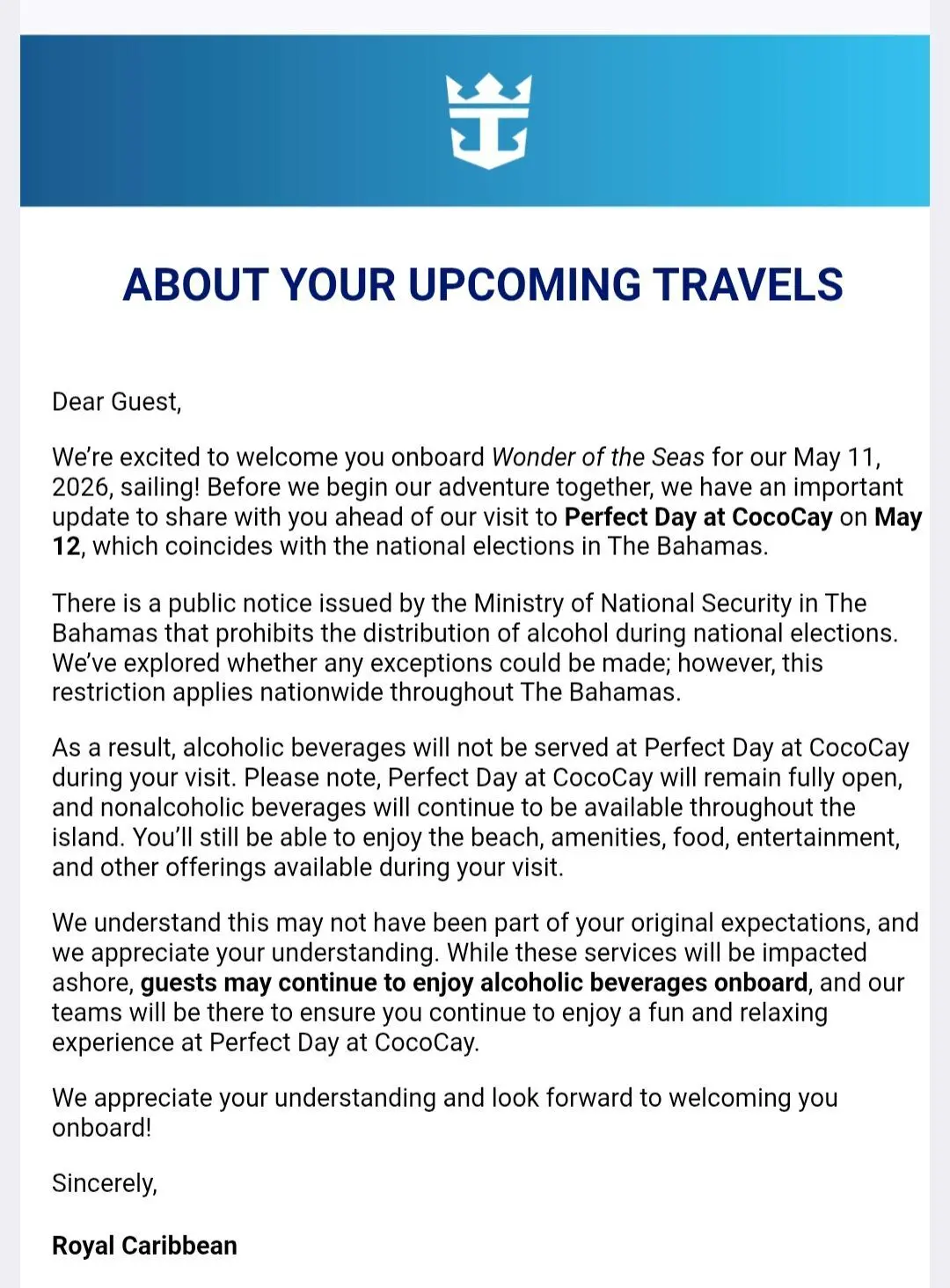 CocoCay Alcohol Ban Letter
