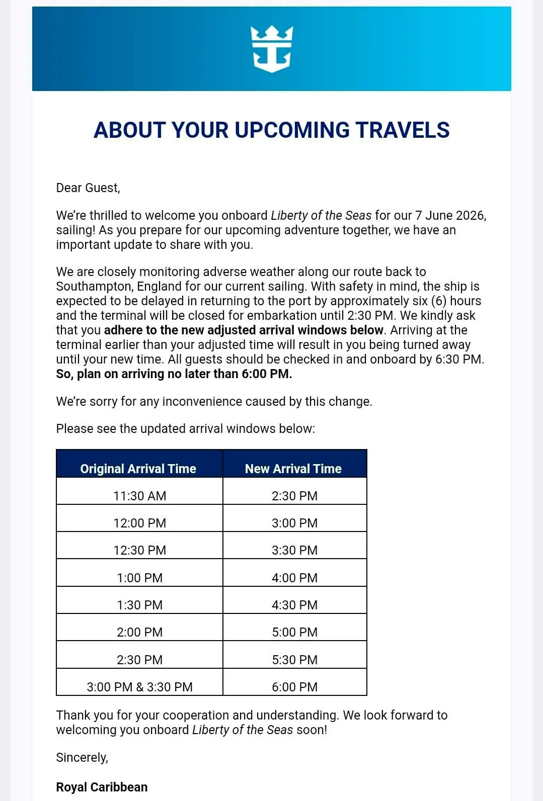 Liberty Delayed Embarkation Email